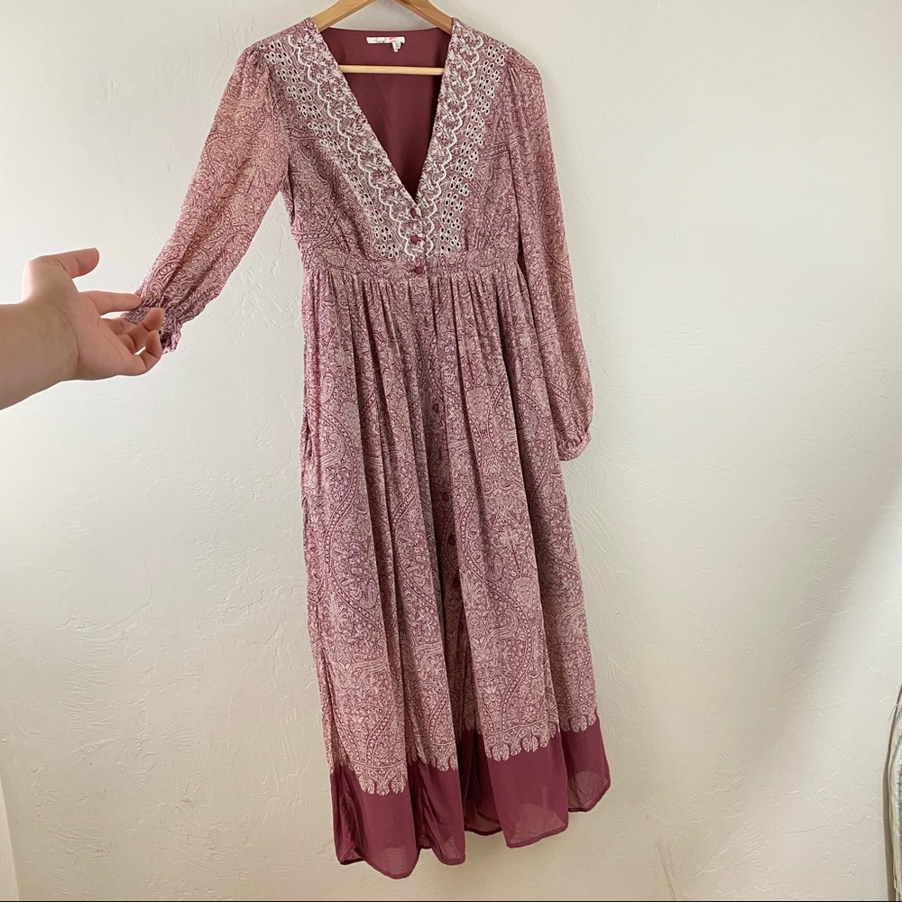Floreal by Anthropologie Size 6 Mauve Pink Paisley Print Button Down Maxi Dress